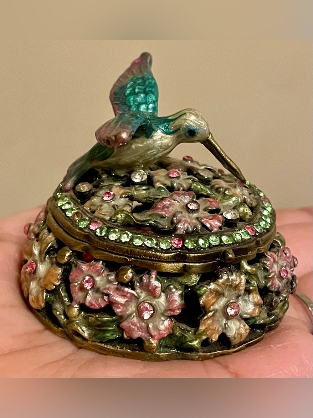 Hand-Painted Hummingbird Floral Trinket Box - Pink, Green, Gold